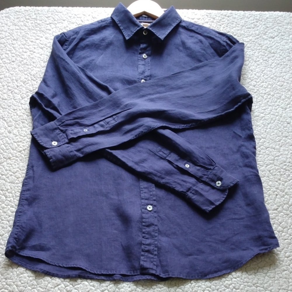 Forever 21 Men's Navy Long-Sleeve Linen Summer Shirt (Medium)